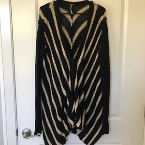 Free People Black and Cream Striped Cardigan with Pockets